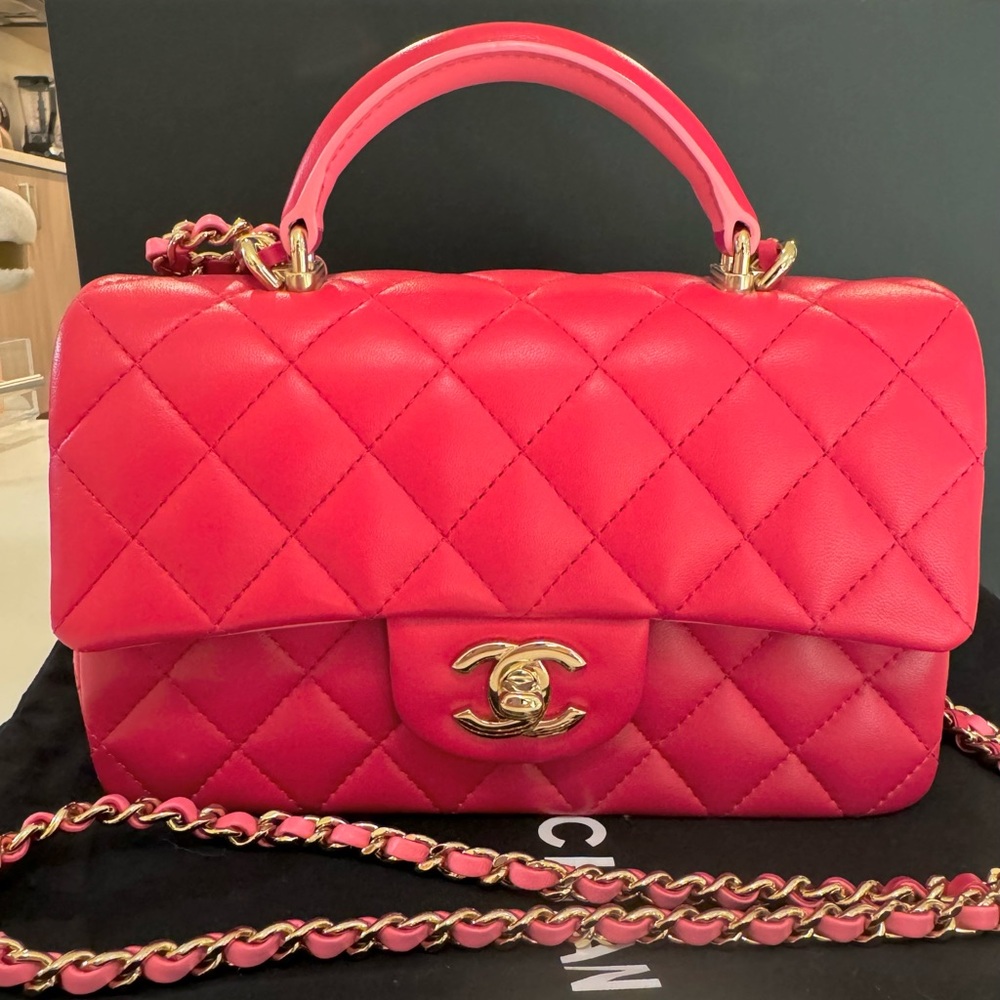 SOLD! Chanel 23P Lambskin Dark & Light Pink Mini with Top Handle and gold hrdwr